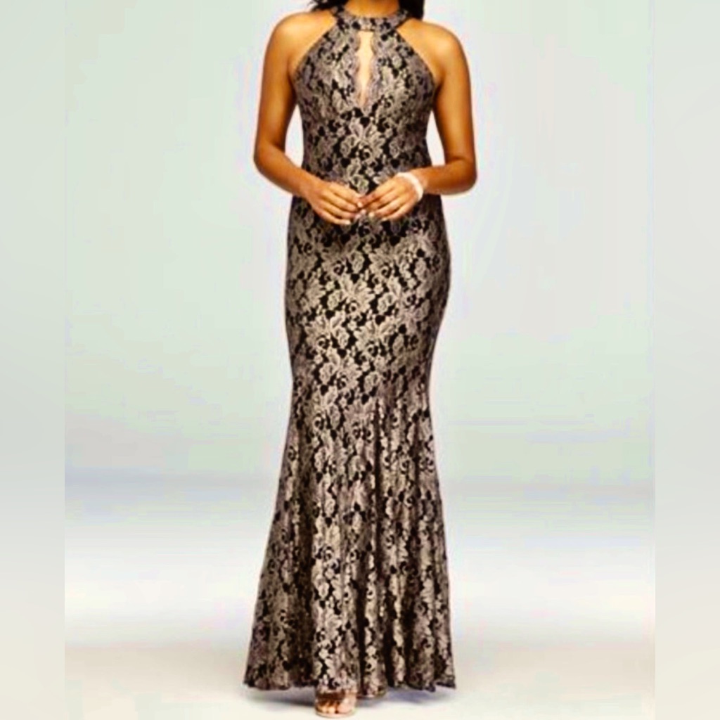 Morgan & Co Lace High Neck Halter Mermaid Gown.